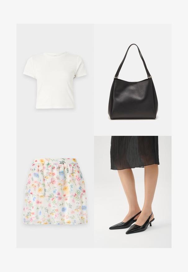 Tricou scurt, alb, din bumbac, cu mâneci scurte, decolteu rotund și margine dreaptă, având o textură netedă și un design minim.; Fustă stratificată albă cu imprimeu floral, prezentând flori în nuanțe pastelate, accentuate de verde. Fabricată dintr-un material ușor, cu un talie pliată.; Pantofi cu toc slingback, cu vârful ascuțit, de culoare neagră, cu un finisaj lucios, toc subțire și design deschis la spate. Model texturat pe materialul superior.; Geantă de mână din piele sintetică neagră, cu o textură moale, formă hobo și două bretele pentru umăr; prezintă un finisaj lucios și un design minimalist.