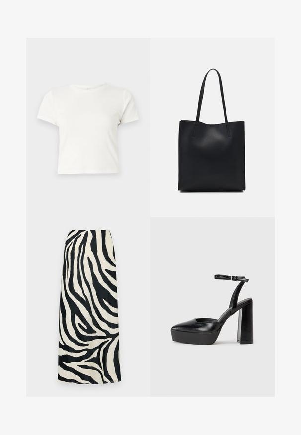 Short white t-shirt made of cotton with short sleeves, a round neckline, and a straight hem, featuring a smooth texture and minimal design.; Black and white zebra-striped maxi skirt with a smooth texture, featuring a high waist and a straight silhouette.; Black platform heels with a pointed toe and adjustable ankle strap. Constructed from smooth leather, featuring a chunky block heel.; Black leather tote bag with smooth texture, rectangular shape, and two long handles. No visible hardware or embellishments.