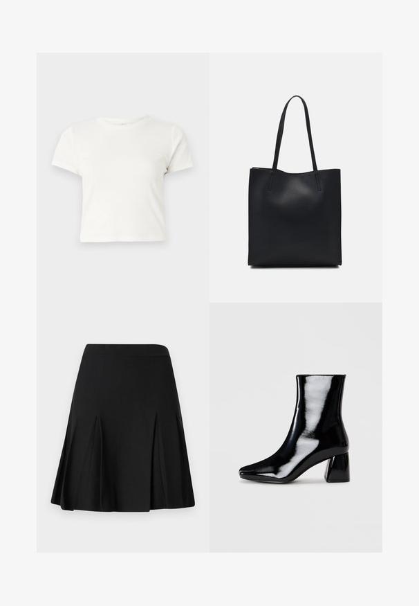 Short white t-shirt made of cotton with short sleeves, a round neckline, and a straight hem, featuring a smooth texture and minimal design.; ONLY ONLLINE SKATER SKIRT - A-line skirt - black; Black patent ankle boot with a pointed toe and a square block heel. Smooth texture with a high-shine finish, featuring no visible embellishments.; Black leather tote bag with smooth texture, rectangular shape, and two long handles. No visible hardware or embellishments.