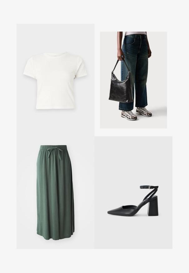 T-shirt branca curta feita de algodão, com mangas curtas, um decote redondo e uma bainha reta, apresentando uma textura suave e um design minimalista.; Saia verde de comprimento médio, feita de tecido suave, com cintura elástica e cordão ajustável; textura lisa e design simples.; Sandal com biqueira afilada em couro preto, com cinta no tornozelo e salto grosso. Textura lisa, design elegante e estética minimalista.; Bolsa de ombro em couro preto com textura suave e alça ajustável, combinada com jeans de perna larga desbotados e ténis desportivos.
