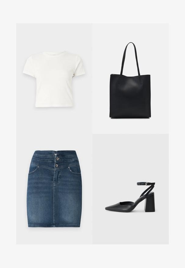 T-shirt branca curta feita de algodão, com mangas curtas, um decote redondo e uma bainha reta, apresentando uma textura suave e um design minimalista.; Saias mini de denim em azul escuro com fecho de dois botões, design de cinco bolsos e corte reto. Apresenta uma textura suave e desbotamento mínimo.; Sandal com biqueira afilada em couro preto, com cinta no tornozelo e salto grosso. Textura lisa, design elegante e estética minimalista.; Bolsa tote preta em couro com textura lisa, forma retangular e duas alças longas. Sem hardware ou enfeites visíveis.