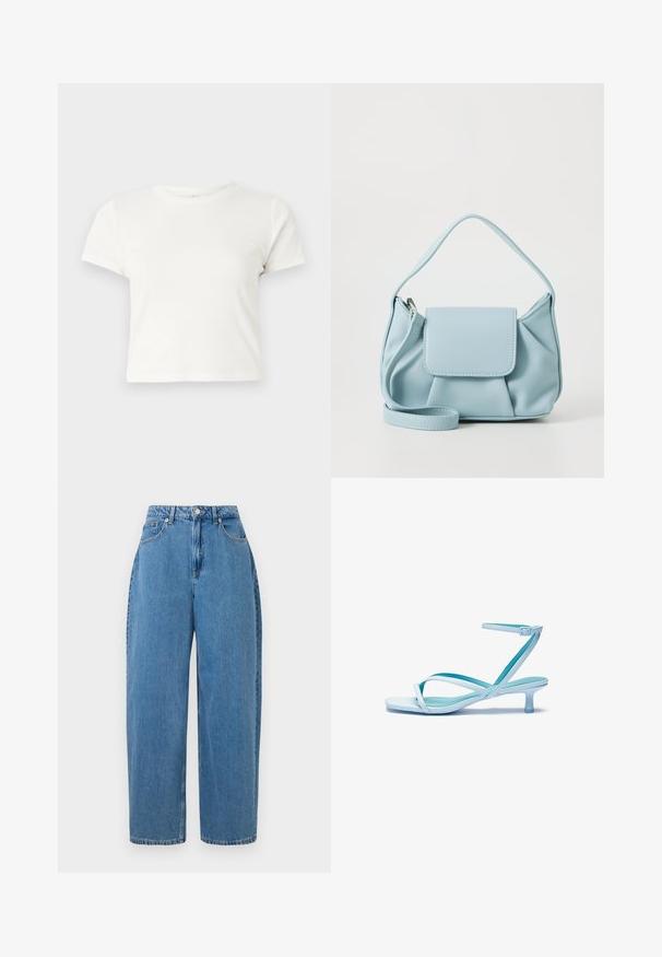 Short white t-shirt made of cotton with short sleeves, a round neckline, and a straight hem, featuring a smooth texture and minimal design.; Light blue denim trousers with a straight-leg fit, high waist, and front button closure. Features five pockets and minimal stitching details.; Light blue strappy sandal with a square toe, low heel, adjustable ankle strap, and smooth, glossy finish. Crossed straps on the footbed.; Light blue leather handbag with a top handle, front flap pocket, and detachable wrist strap on a white background.