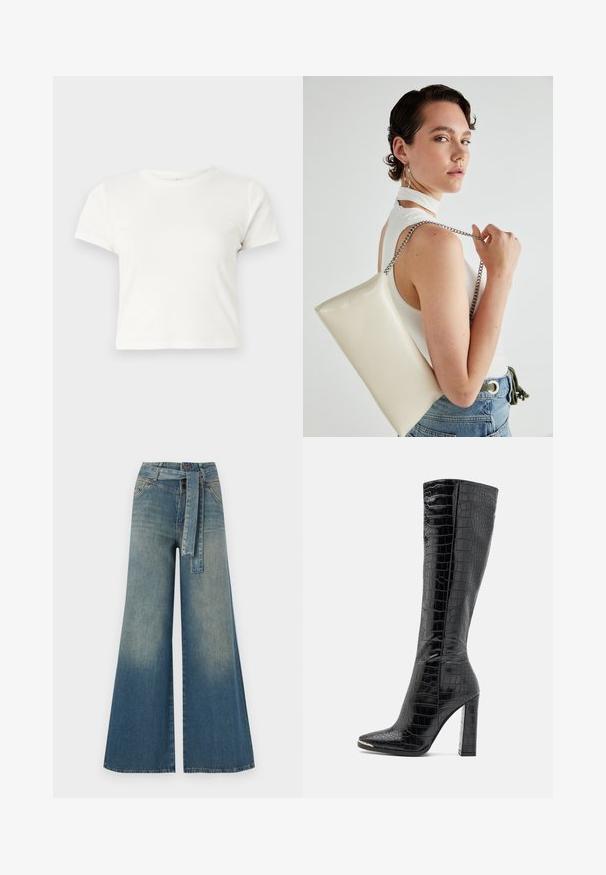 Short white t-shirt made of cotton with short sleeves, a round neckline, and a straight hem, featuring a smooth texture and minimal design.; Wide-leg denim trousers featuring a light to dark blue gradient, high waist, belt loops, and a matching fabric belt. Textured denim finish.; RAID JOCELYN - Boots - black; White rectangular clutch bag made of glossy material, featuring a silver chain strap. Model poses, showcasing the bag against a plain background.