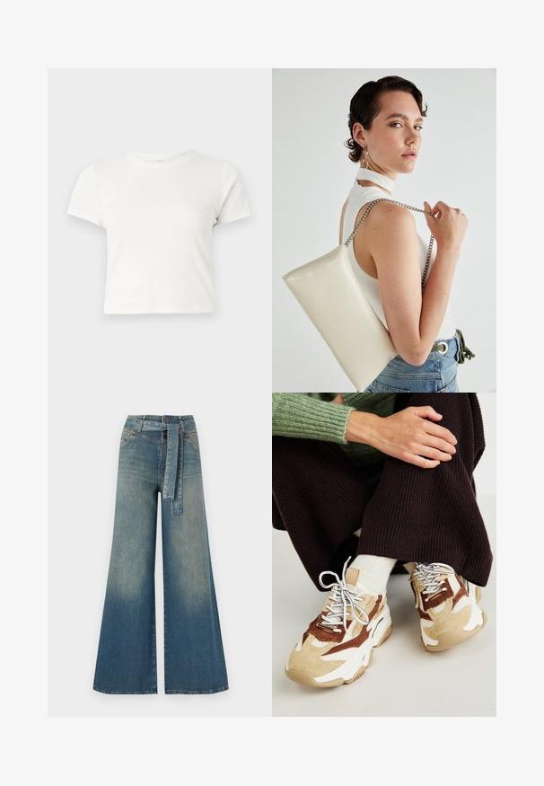 Short white t-shirt made of cotton with short sleeves, a round neckline, and a straight hem, featuring a smooth texture and minimal design.; Wide-leg denim trousers featuring a light to dark blue gradient, high waist, belt loops, and a matching fabric belt. Textured denim finish.; Steve Madden POSSESSIONE - Trainers - brown/sand; White rectangular clutch bag made of glossy material, featuring a silver chain strap. Model poses, showcasing the bag against a plain background.