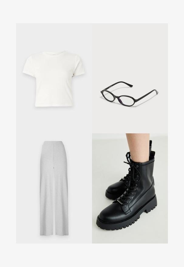 Kratka bijela majica izrađena od pamuka s kratkim rukavima, okruglim izrezom i ravnim rubom, koja se odlikuje glatkom teksturom i minimalnim dizajnom.; Svijetlosive rebraste hlače širokog kroja s visokim strukom i prednjim prorezom. Izrađene su od mekog materijala s glatkom teksturom.; Crne čipkaste gležnjače izrađene od glatke kože. Debeli gumeni potplat s dubokim utorima. Sadrži petnu petlju za lakše oblačenje.; Crne naočale ovalnog okvira s prozirnim ljubičastim naglascima na lećama. Okviri imaju mat finiš i tanke, ravne temple.; Crna kožna torba preko ramena zaobljenog oblika, s sjajnom završnom obradom i srebrnim hardverom. Osoba nosi crne hlače širokog kroja i loaferice sa studovima.