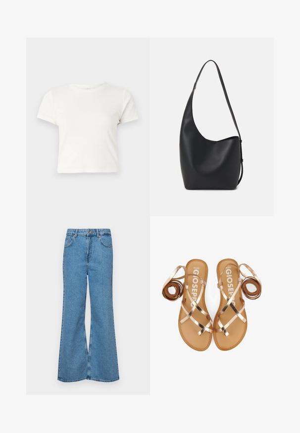 T-shirt branca curta feita de algodão, com mangas curtas, um decote redondo e uma bainha reta, apresentando uma textura suave e um design minimalista.; Jeans de brim azuis claros, com corte à boca de sino, apresentando uma cintura alta, cinco bolsos e um fecho de botão único. Textura macia com acabamento desbotado.; Sandálias planas com tiras finas em rose gold metálico, palmilha em tom de pele e um design minimalista. Apresenta tiras enroladas de cada lado.; Saco hobo preto em pele com uma textura lisa, forma curva e uma única alça ajustável; apresenta uma abertura larga na parte de cima.