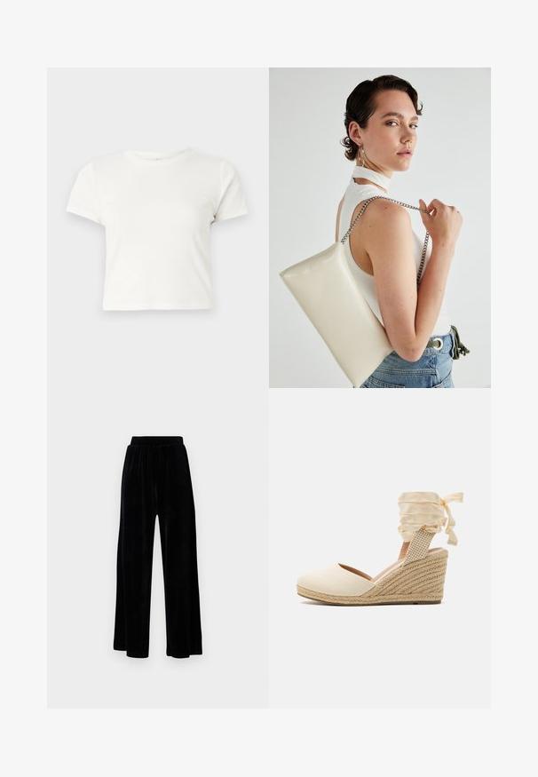 Kratka bijela majica izrađena od pamuka s kratkim rukavima, okruglim izrezom i ravnim rubom, koja se odlikuje glatkom teksturom i minimalnim dizajnom.; Crne široke hlače od mekanog velura, s elastičnim pojasom i glatkom teksturom, bez vidljivih detalja ili uzoraka.; Bež espadrile na petu sa platnenim gornjim dijelom, otvorenim prstima i mekim vrpcama. Teksturirana juta na petu s pletenim uzorkom.; Bijela pravokutna torbica s kopčanjem, izrađena od sjajnog materijala, s srebrnim lančićem. Model pozira, prikazujući torbicu na jednostavnoj pozadini.
