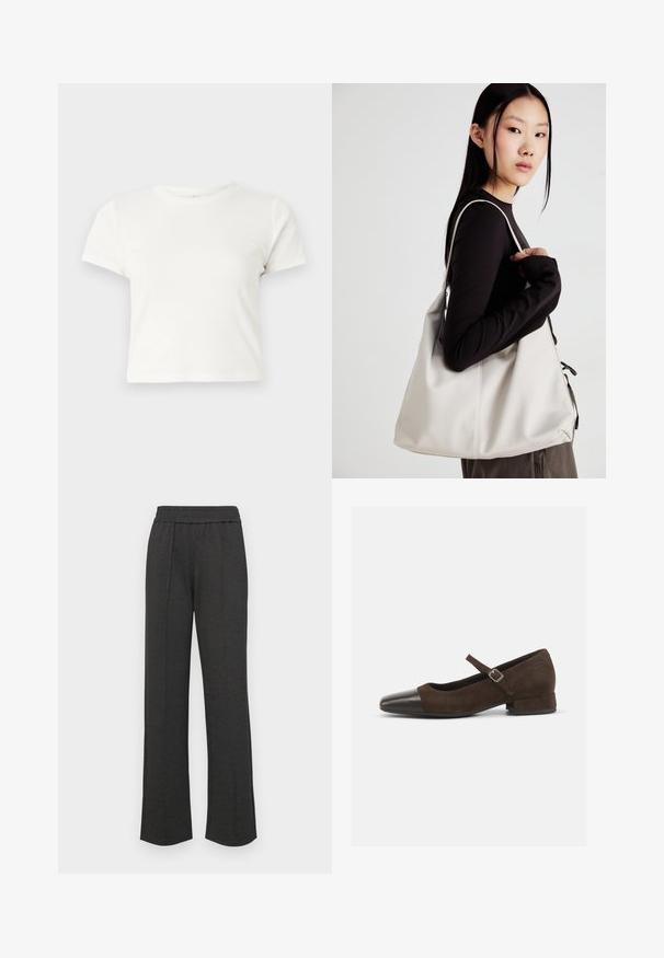 Trumpa balta medvilnės marškinėliai su trumpomis rankovėmis, apvaliu kaklu ir tiesiu hemu, pasižyminti lygiu tekstūriu ir minimaliu dizainu.; Juodos tiesios kojos kelnės su elastine juosta, priekiniais raukiniais, minkšta medžiaga ir be matomų raštų ar aparatinės įrangos detalių.; Rudos zomšiniai Mary Jane bateliai su juodu patentuotų odos smailiu pirštu, reguliuojama juosta ir žemu blokuotu kulnu. Lygus paviršius su minimaliais akcentais.; Bežinė rankinė, pagaminta iš minkštos medžiagos, turinti laisvą dizainą, siuvinėtas detalės ir dvi petnešos. Tinkama kasdieniam naudojimui.