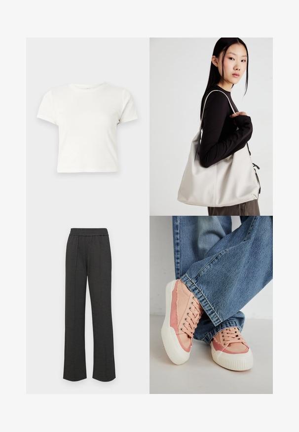 Lühike valge T-särk, mis on valmistatud puuvillast, lühikeste varrukatega, ümmarguse kaelusega ja sirge lõikega, omades sileda tekstuuri ja minimaalset disaini.; Mustad sirged püksid elastse vöökohtaga, ees volditud, pehme kangas ja ilma nähtavate mustrite või riistvarade detailideta.; Roosa kanvasest tennisekingad valgete kummitaldadega, millel on ümmargused nööbiliistud ja kulunud detailid, koos siniste laiapõhjaliste teksadega.; Bež käekott pehme materjali, millel on lõtv disain, õmblustega detailid ja kaks õlarihma. Sobib igapäevaseks kasutamiseks.