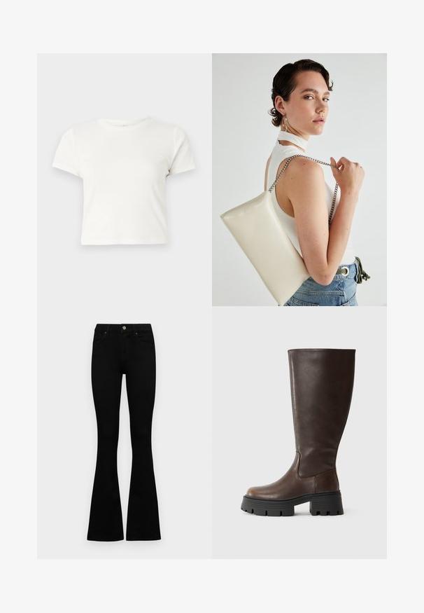 Krátká bílá tričko vyrobené z bavlny s krátkými rukávy, kulatým výstřihem a rovým lemem, s hladkou texturou a minimalistickým designem.; Černé vysoké džíny s knoflíkem a zipovým zapínáním, předními kapsami a rozšířenými nohavicemi, ležící na bílé podložce.; Hnědé kozačky do výšky kolen vyrobené z hladké syntetické kůže, s robustní černou platformou a minimálním prošíváním pro elegantní design.; Bílá obdélníková psaníčko vyrobené z lesklého materiálu, se stříbrným řetízkovým popruhem. Modelka pózuje a předvádí tašku na jednobarevném pozadí.