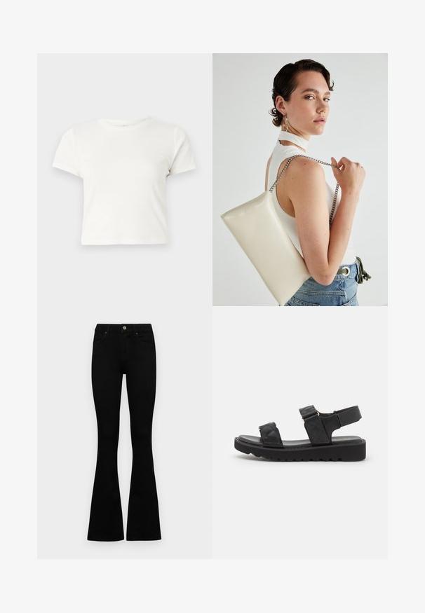 Īsa balta T-kreklā izgatavots no kokvilnas ar īsām piedurknēm, apaļu kakla izgriezumu un taisnu apakšu, piedāvā gludu tekstūru un minimālistisku dizainu.; Melni augsta jostas šorti ar pogu un rāvējslēdzēju, priekšējām kabatām un izplestām kājām, nolikti uz balta fona.; Melnas platformas sandales ar izšūtām siksnām, atvērts pirksts un regulējama potītes siksna. Tekstūrēta gumijas zole ar zigzaga rakstu, lai nodrošinātu saķeri.; Balts taisnstūra clutch soma, izgatavota no spīdīga materiāla, ar sudraba ķēdes siksnu. Modelis pozē, demonstrējot somu uz vienkārša fona.