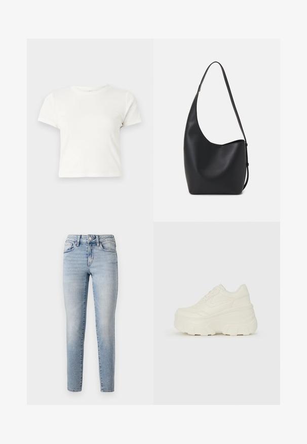 Tricou scurt, alb, din bumbac, cu mâneci scurte, decolteu rotund și margine dreaptă, având o textură netedă și un design minim.; Jeans din denim albastru deschis cu o croială slim, având un design cu cinci buzunare, închidere frontală cu nasture și o ușoară decolorare pe picioare.; Adidași platformă albi, cu un superior neted asemănător cu pielea, formă rotunjită, guler căptușit și talpă din cauciuc texturată cu borduri bine definite.; Geantă hobo din piele neagră, cu o textură netedă, formă curbată și un singur bretele ajustabil; are o deschidere largă în partea de sus.