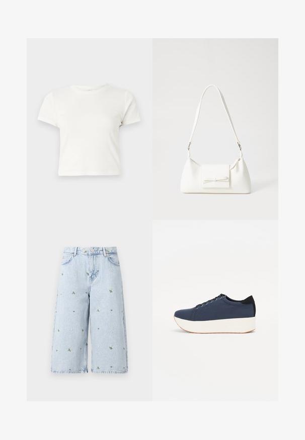 Trumpa balta medvilnės marškinėliai su trumpomis rankovėmis, apvaliu kaklu ir tiesiu hemu, pasižyminti lygiu tekstūriu ir minimaliu dizainu.; Šviesiai mėlynos džinsinės šortai su gėlių siuvinėjimu, Featuring ramunėlės ir žalios lapijos. Klasikinis penkių kišenių dizainas ir nusidėvėjęs kraštas.; Tamsiai mėlynas sportinis batelis su tekstūruotu audiniu viršuje, baltu platformos padu, apvaliu pirštu ir juodu kulno akcentu.š. Yra šešios skylės raišteliams.; Balta sintetinė rankinė trikampio formos, plokščiu priekiu su užsegimu, kaspino detale, reguliuojama dirželiu, lygia tekstūra ir minimalistišku dizainu.