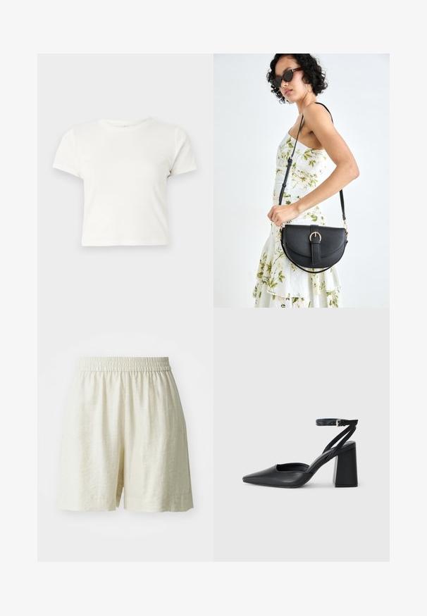 Short white t-shirt made of cotton with short sleeves, a round neckline, and a straight hem, featuring a smooth texture and minimal design.; Linen shorts, cream color, with an elastic waistband and loose fit. Simple design, smooth texture, and no visible patterns or hardware.; Black leather pointy-toe pump with an ankle strap and a chunky heel. Flat texture, sleek design, and minimalistic aesthetics.; Black leather handbag with a curved shape, detachable strap, and gold hardware. The bag features a flap with a buckle detail.