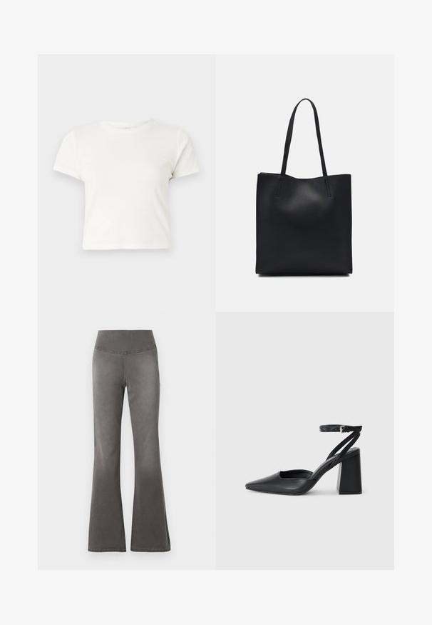 T-shirt branca curta feita de algodão, com mangas curtas, um decote redondo e uma bainha reta, apresentando uma textura suave e um design minimalista.; Calças cinzas de perna ampla com uma cintura lisa e elástica, com um ajuste justo nas coxas, passando para uma abertura de perna mais larga.; Sandal com biqueira afilada em couro preto, com cinta no tornozelo e salto grosso. Textura lisa, design elegante e estética minimalista.; Bolsa tote preta em couro com textura lisa, forma retangular e duas alças longas. Sem hardware ou enfeites visíveis.