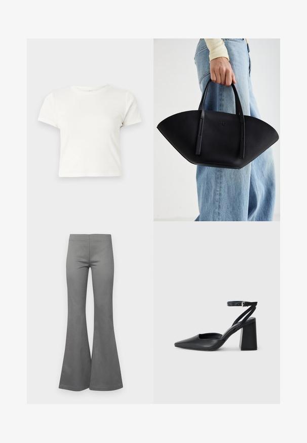 Krátke biele tričko vyrobené z bavlny s krátkymi rukávmi, okrúhlym výstrihom a rovnými okrajmi, s hladkou textúrou a minimálnym dizajnom.; Sivé rozšírené nohavice s hladkou textúrou látky a priliehavým strihom, ktoré sa rozširujú od kolena až po lem.; Čierne kožené lodičky s špicatou špičkou a členkovým remienkom, s masívnym podpätkom. Hladký povrch, elegantný dizajn a minimalistická estetika.; Čierna kožená kabelka s jedinečným tvarom ventilátora, so plochými držadlami. Povrch má štruktúru s brúseným efektom a minimalistic design.