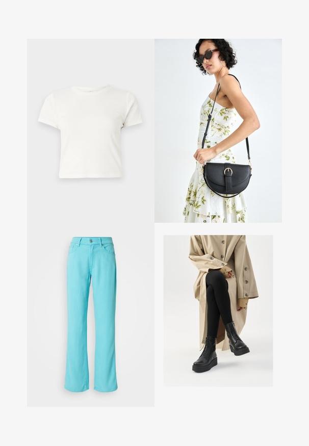 Trumpa balta medvilnės marškinėliai su trumpomis rankovėmis, apvaliu kaklu ir tiesiu hemu, pasižyminti lygiu tekstūriu ir minimaliu dizainu.; Šviesiai mėlyni, plačiakojai džinsai iš džinsinio audinio. Benzina kirtimo ir užtrauktuko uždarymas, penki kišeniai ir dekoratyviniai siuvinėjimai ant krašto.; Juodi odiniai auliniai batai iki kulkšnių su raištelių detalėmis, pakelta platforma, ir faktūrinės juodos kelnės, derinamos su šviesiai smėlinės spalvos paltu.; Juodas odinis krepšys su išlenkta forma, nuimamu dirželiu ir auksiniais detalėmis. Krepšys turi kilpą su sagtimi.