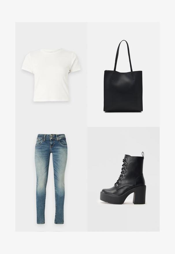 Kratka bela majica iz bombaža s kratkimi rokavi, okroglim ovratnikom in ravnim robom, ki ima gladko teksturo in minimalističen dizajn.; Slim fit modre kavbojke z rahlim zbledeljem, pet žepov, zapiranje na dva gumba in kontrastno šivanje na šivih.; Črne usnjene gležnjarje z masivnim blokom, vezalkami na sprednji strani in teksturirano površino. Imajo zanko na zadnji strani za enostavno obuvanje.; Črna usnjena torba s svilnato teksturo, pravokotne oblike in dvema dolgima ročajema. Brez vidnih metalnih delov ali okrasnih elementov.