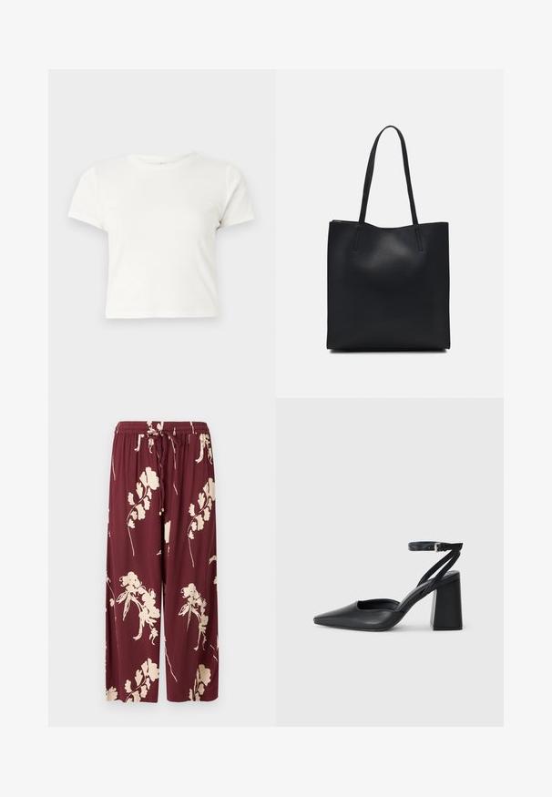 Camiseta corta blanca de algodón con mangas cortas, cuello redondo y dobladillo recto, con una textura suave y un diseño minimalista.; Pantalones de pierna ancha burdeos hechos de una tela ligera, con un patrón floral crema, cinturilla elástica con cordón y dos bolsillos laterales.; Zapato de tacón puntiagudo de cuero negro con tira en el tobillo y tacón ancho. Textura plana, diseño elegante y estética minimalista.; Bolso tote de cuero negro con textura lisa, forma rectangular y dos asas largas. Sin herrajes ni adornos visibles.