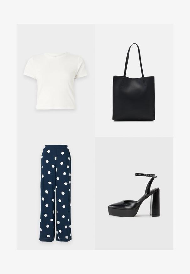 Rövid, fehér, pamut póló, rövid ujjakkal, kerek kivágással és egyenes szegéllyel, sima textúrával és letisztult dizájnnal.; Tengerészkék, laza szabású nadrág, könnyű anyagból készült, nagy fehér pöttyökkel, sima derékkal.; Fekete platform magassarkú cipők hegyes orral és állítható bokapánttal. Sima bőrből készült, vastag talppal.; Fekete bőrtáska sima felszínnel, téglalap alakú, két hosszú füllel. Nincs látható fémkiegészítő vagy díszítés.