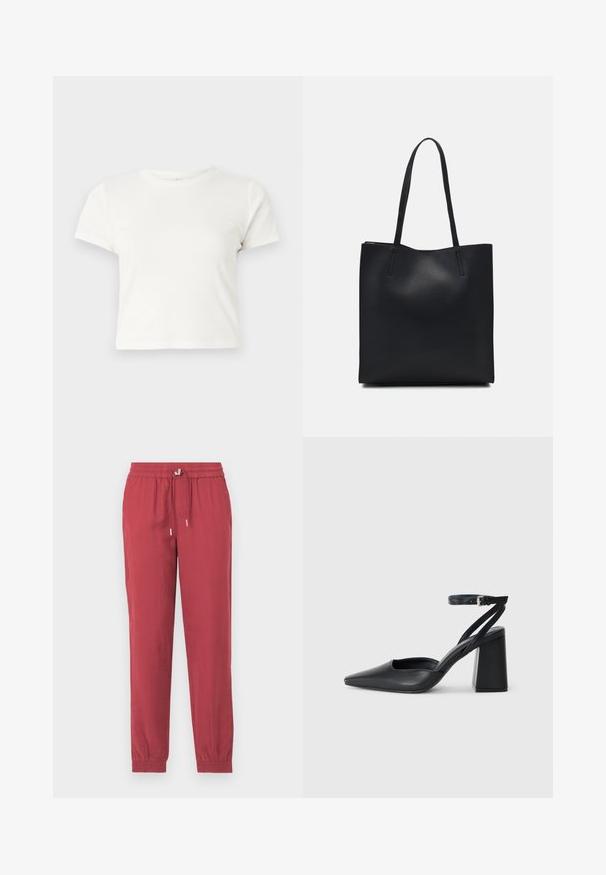 Short white t-shirt made of cotton with short sleeves, a round neckline, and a straight hem, featuring a smooth texture and minimal design.; Red, lightweight, tapered pants with an elastic waistband and drawstring. Features ankle cuffs and a smooth texture.; Black leather pointy-toe pump with an ankle strap and a chunky heel. Flat texture, sleek design, and minimalistic aesthetics.; Black leather tote bag with smooth texture, rectangular shape, and two long handles. No visible hardware or embellishments.