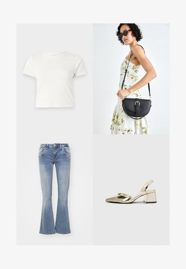 Lühike valge T-särk, mis on valmistatud puuvillast, lühikeste varrukatega, ümmarguse kaelusega ja sirge lõikega, omades sileda tekstuuri ja minimaalset disaini.; Sinised laiad teksad, mis on valmistatud denimist, kerge pesuga, viie tasku ja nööbiga sulgemisega. Põlved on laiad allservas.; Kuldne, metallilised slingback-kudumid terava varba ja paksu kontsaga. Sile tekstuur, minimalistlik disain ja kitsas rihm.; Mustmust mustraha kõverate joontega, eemaldatava rihmaga ja kuldsete detailidega. Kotil on klapp, millel on pandladetail.; Kuldsest rõngastest kõrvarõngad sileda, ümarate joontega. Õhukesed ja kerged, koosnevad pidevast ringsest kujundist ilma kaunistusteta.