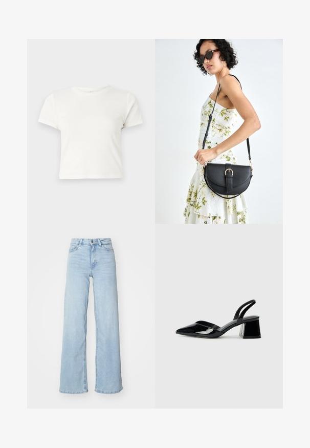 Kratka bela majica iz bombaža s kratkimi rokavi, okroglim ovratnikom in ravnim robom, ki ima gladko teksturo in minimalističen dizajn.; Svijetloplave široke traperice izrađene od denima. Imaju visok struk, kopčanje na gumbe sprijeda i dva džepa. Glatka tekstura s blagim izbljeđivanjem.; Črne lakirane slingback pete s koničastim nosom in geometrijsko blokasto peto. Imajo eleganten, minimalističen dizajn in gladko teksturo.; Črna usnjena torbica s ukrivljeno obliko, z odstranljivo naramnico in zlatimi dodatki. Torbica ima pokrov s podrobnostmi v obliki zaponke.