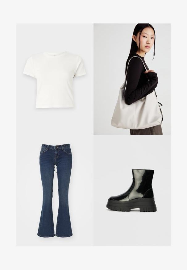 Kratka bela majica iz bombaža s kratkimi rokavi, okroglim ovratnikom in ravnim robom, ki ima gladko teksturo in minimalističen dizajn.; Modri flare traperice iz bombaža s srednje visokim pasom, pet žepnim dizajnom in kontrastnim šivom ob šivih.; Črne sijajne gležnjarje z debelim profilom podplata in zaobljenim nosom, stranski pogled na enostavni svetlo sivi ozadju.; Bežna torbica iz mehkega materiala, z ohlapno zasnovo, šivi in dvema naramnicama. Primerna za vsakodnevno uporabo.