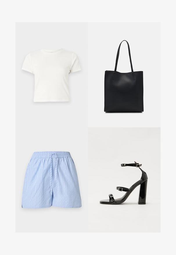 Short white t-shirt made of cotton with short sleeves, a round neckline, and a straight hem, featuring a smooth texture and minimal design.; Blue and white checked shorts with an elastic waistband and adjustable drawstring. Soft cotton fabric, relaxed fit, and side slits.; Black patent heeled sandals with a square toe, ankle straps, and silver buckles. Features a chunky block heel for stability.; Black leather tote bag with smooth texture, rectangular shape, and two long handles. No visible hardware or embellishments.