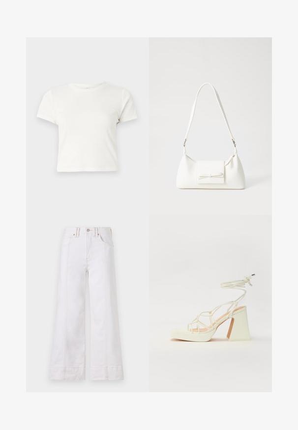 Short white t-shirt made of cotton with short sleeves, a round neckline, and a straight hem, featuring a smooth texture and minimal design.; White wide-leg jeans made from denim, featuring visible stitching, a button closure, and front pockets. The fabric has minimal texture.; White high-heeled sandal with a chunky heel, featuring a strappy design and ankle tie. Smooth texture with a platform front for added height.; White synthetic handbag with a triangular shape, flat front flap and bow detail, adjustable strap, smooth texture, and minimalistic design.