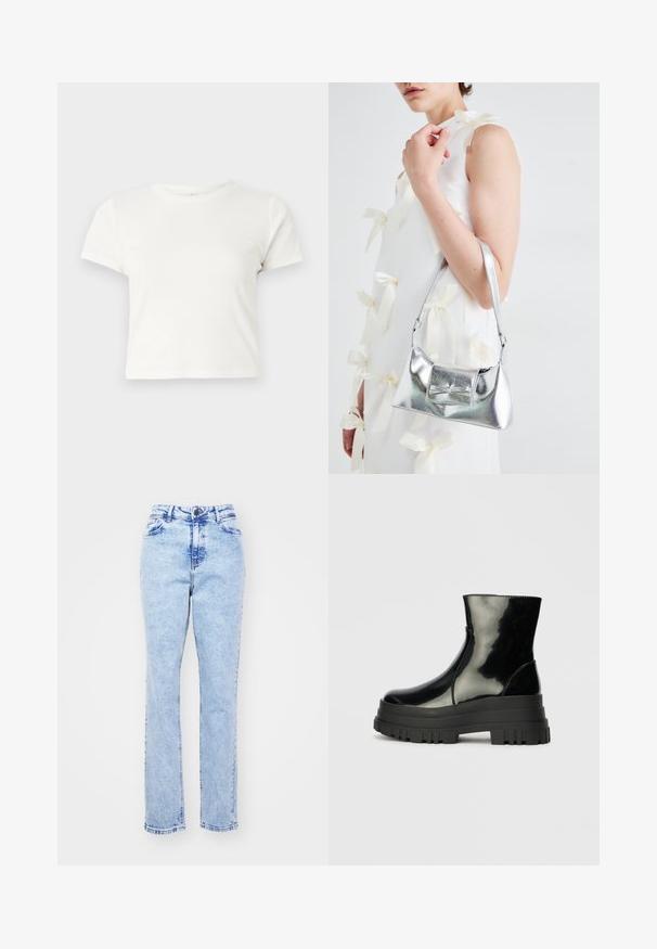 Κοντό λευκό μπλουζάκι από βαμβάκι με κοντά μανίκια, στρογγυλή λαιμόκοψη και ίσια στρίφωμα, με λεία υφή και ελαχιστο σχεδιασμό.; Ανοιχτό μπλε τζιν παντελόνι με ίσιο κόψιμο, ψηλή μέση, πέντε τσέπες και μεταλλικό κούμπωμα. Ξεθωριασμένος υφή με διακριτικές ραφές.; Μαύρη γυαλιστερή μπότα μέχρι τον αστράγαλο με παχιά λαστιχένια σόλα και στρογγυλή μύτη, όψη πλευράς σε απλό ανοιχτό γκρι φόντο.; Ασημί μεταλλική τσάντα με δομημένο σχήμα, διαθέτει χειρολαβή στην κορυφή και λεπτομέρεια με φιόγκο μπροστά. Λείος υφάσματος, ανακλαστική επιφάνεια.