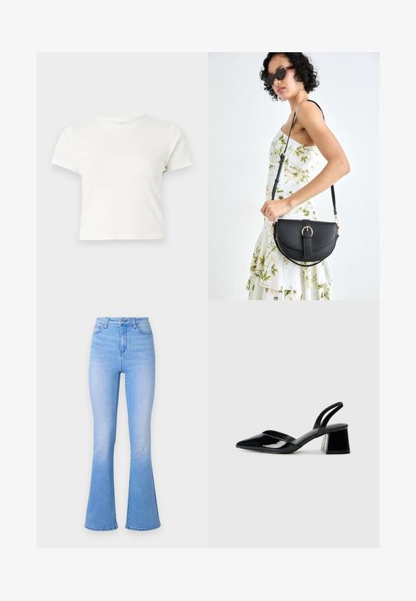 Short white t-shirt made of cotton with short sleeves, a round neckline, and a straight hem, featuring a smooth texture and minimal design.; Light blue flared jeans with a high waist, made of denim. Features a smooth texture and a subtle fade towards the hem. Classic five-pocket design.; Black patent leather slingback heels with a pointed toe and a geometric block heel. Features a sleek, minimal design and smooth texture.; Black leather handbag with a curved shape, detachable strap, and gold hardware. The bag features a flap with a buckle detail.