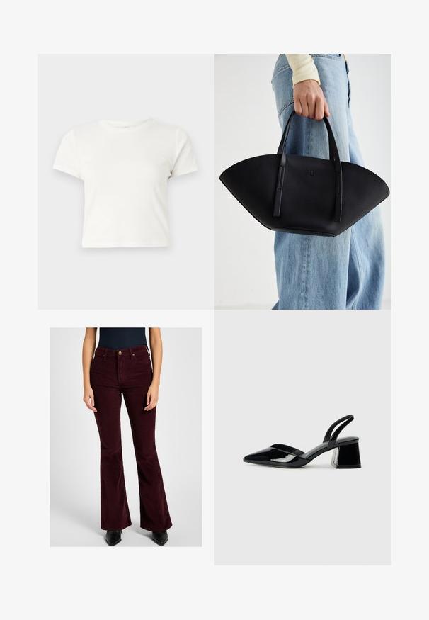 T-shirt branca curta feita de algodão, com mangas curtas, um decote redondo e uma bainha reta, apresentando uma textura suave e um design minimalista.; Calças de veludo cotelê em burgundy, com bolsos frontais, fecho de zip e botão, e um acabamento texturizado.; Sandy em verniz preto com salto slingback, ponta afilada e salto geométrico. Apresenta um design elegante e minimalista com textura suave.; Bolsa de mão em couro preto com uma forma única em leque, apresentando alças planas. A superfície tem uma textura pebble e um design minimalista.