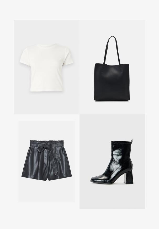 Īsa balta T-kreklā izgatavots no kokvilnas ar īsām piedurknēm, apaļu kakla izgriezumu un taisnu apakšu, piedāvā gludu tekstūru un minimālistisku dizainu.; Melnas ādas šorti ar augstu jostasvietu, elastīgu joslu, noņemamu jostu un gludu tekstūru. Iespējas ar plakanu priekšpusi un sānu kabatām.; Melna lakota potīte līdz potītei ar kvadrātu purngalu un masīvu ģeometrisku papēdi. Tam ir gluda, spīdīga tekstūra un aizmugurējais cilpiņu elements, kas nodrošina ērtu uzvilkšanu.; Melnas ādas somiņa ar gludu tekstūru, taisnstūra formu un divām garām rokturiem. Nav redzamu aparatūras vai rotājumu.