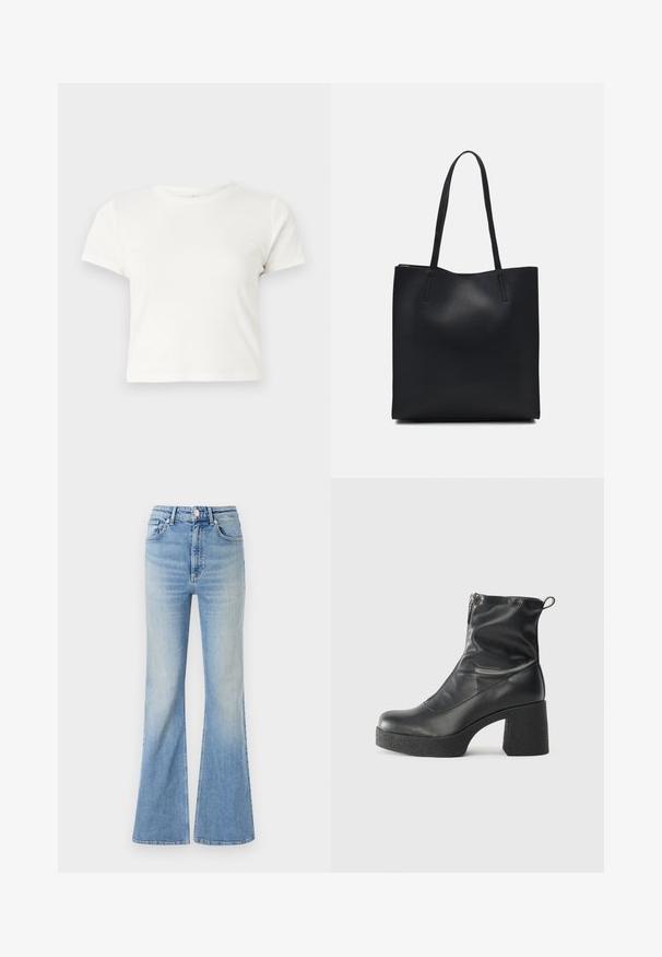Short white t-shirt made of cotton with short sleeves, a round neckline, and a straight hem, featuring a smooth texture and minimal design.; Light blue flared jeans made of denim, featuring a high waist, five-pocket design, and subtle gradient fading towards the hem.; Black ankle boots made of smooth leather, featuring a side zipper, chunky textured heel, and rounded toe design.; Black leather tote bag with smooth texture, rectangular shape, and two long handles. No visible hardware or embellishments.