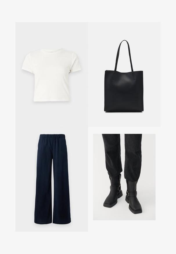 Kratka bela majica iz bombaža s kratkimi rokavi, okroglim ovratnikom in ravnim robom, ki ima gladko teksturo in minimalističen dizajn.; Temno modri široki žametni hlače z elastičnim pasom, prikazane na beli podlagi.; Črne usnjene gležnjarje s kvadratnim nosom, ki vsebujejo širok trak in podrobnost z metalno zaponko. Gležnjarji imajo debelo podplat in gladko teksturo.; Črna usnjena torba s svilnato teksturo, pravokotne oblike in dvema dolgima ročajema. Brez vidnih metalnih delov ali okrasnih elementov.