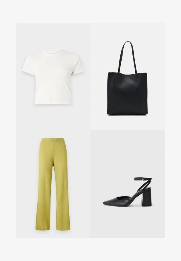 Krátke biele tričko vyrobené z bavlny s krátkymi rukávmi, okrúhlym výstrihom a rovnými okrajmi, s hladkou textúrou a minimálnym dizajnom.; Žlté rebrované pletené nohavice s voľným strihom, širokými nohavicami a elastickým pásom. Textúra pôsobí mäkko a elasticky.; Čierne kožené lodičky s špicatou špičkou a členkovým remienkom, s masívnym podpätkom. Hladký povrch, elegantný dizajn a minimalistická estetika.; Čierna kožená taška na rameno s hladkým povrchom, obdĺžnikovým tvarom a dvoma dlhými uchami. Bez viditeľného kovania alebo ozdôb.