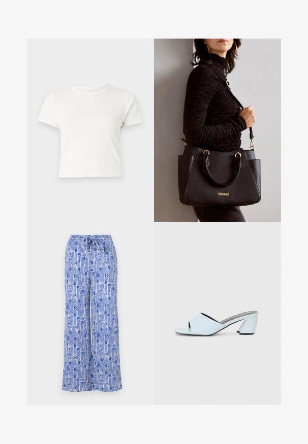Short white t-shirt made of cotton with short sleeves, a round neckline, and a straight hem, featuring a smooth texture and minimal design.; Blue patterned wide-leg pants featuring a drawstring waist, made of lightweight fabric with white abstract line designs.; Light blue open-toe heeled mules with a geometric design, featuring a wide strap across the foot and a chunky, angular heel.; Black handbag with textured surface, dual top handles, and adjustable shoulder strap. Features gold-tone hardware and side pockets.