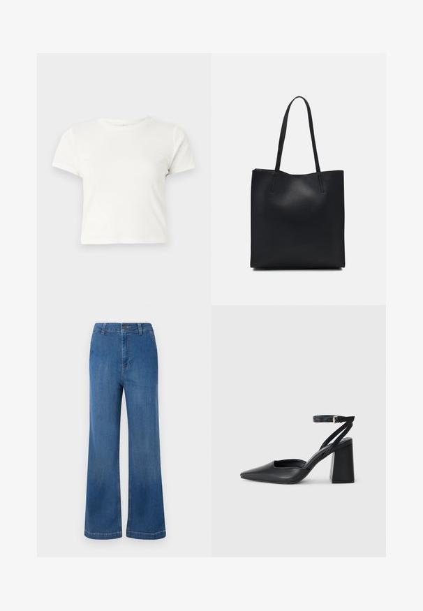 Krátke biele tričko vyrobené z bavlny s krátkymi rukávmi, okrúhlym výstrihom a rovnými okrajmi, s hladkou textúrou a minimálnym dizajnom.; Modré džínsy s širokými nohavicami a vysokým pásom, s gombíkovým zapínaním, piatimi vreckami a vyblednutou textúrou.; Čierne kožené lodičky s špicatou špičkou a členkovým remienkom, s masívnym podpätkom. Hladký povrch, elegantný dizajn a minimalistická estetika.; Čierna kožená taška na rameno s hladkým povrchom, obdĺžnikovým tvarom a dvoma dlhými uchami. Bez viditeľného kovania alebo ozdôb.