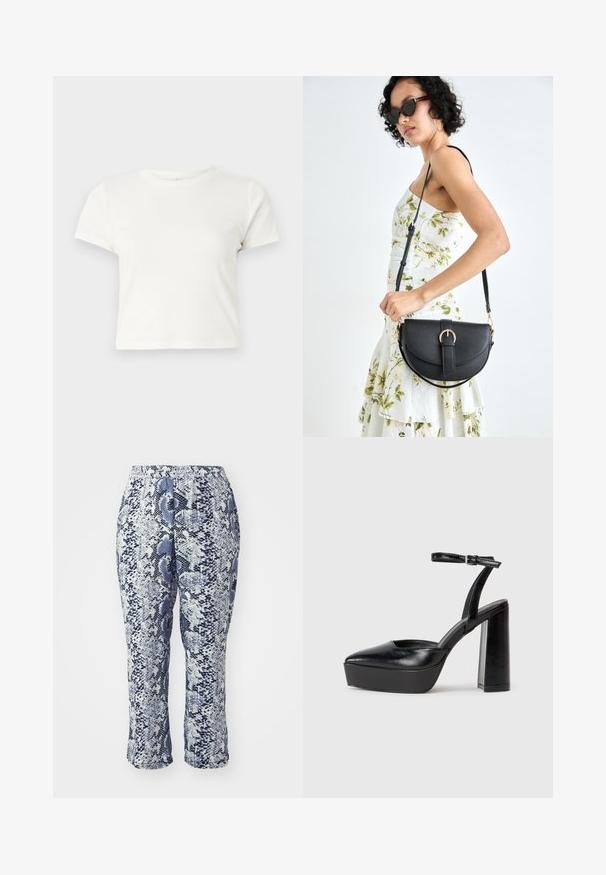 Īsa balta T-kreklā izgatavots no kokvilnas ar īsām piedurknēm, apaļu kakla izgriezumu un taisnu apakšu, piedāvā gludu tekstūru un minimālistisku dizainu.; Zilās un baltās čūsku raksta bikses ar elastīgu vidukli, pielāgotu piegriezumu un garumu līdz pusikavai. Audums izskatās gluds ar smalku spīdumu.; Melnas platformas papēžs ar norādītu purngala formu un regulējamu potītes siksniņu. Izgatavotas no gludas ādas, ar masīvu bloku papēdi.; Melnas ādas rokassoma ar izliekta formu, noņemamu siksnu un zelta aksesuāriem. Somai ir vāciņš ar sprādzes detaļu.