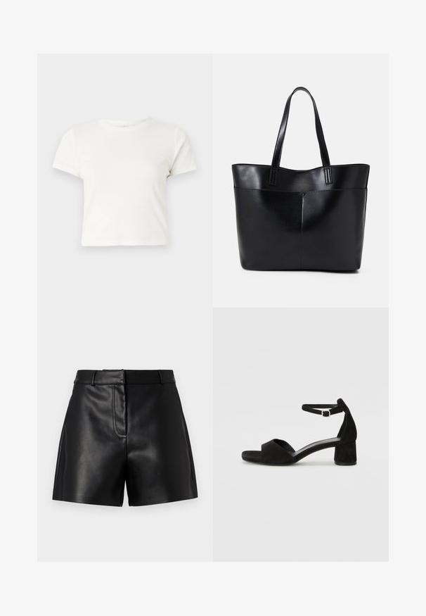 Camiseta corta blanca de algodón con mangas cortas, cuello redondo y dobladillo recto, con una textura suave y un diseño minimalista.; Pantalones cortos de cuero negro con una textura suave, que presentan una cinturilla ajustada, detalles de costura en la parte delantera y aberturas laterales para un estilo adicional.; Sandalias de tacón negro de ante con una delgada correa en el tobillo, diseño de punta abierta y un bloque de tacón modesto. Textura suave y acentos mínimos.; Bolso tote de cuero negro con dos asas largas, textura suave y forma estructurada. Cuenta con un bolsillo frontal para almacenamiento adicional.