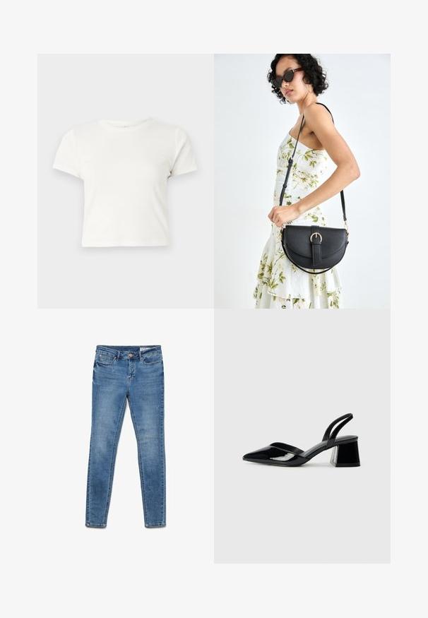 T-shirt branca curta feita de algodão, com mangas curtas, um decote redondo e uma bainha reta, apresentando uma textura suave e um design minimalista.; Jeans justos feitos de tecido de denim na cor azul claro, com cinco bolsos, fecho de correr e detalhes sutis de desgaste.; Sandy em verniz preto com salto slingback, ponta afilada e salto geométrico. Apresenta um design elegante e minimalista com textura suave.; Bolsa de couro preta com forma curva, alça destacável e detalhes em dourado. A bolsa possui uma aba com detalhe de fivela.