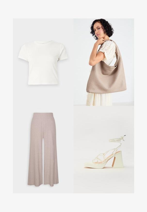 Trumpa balta medvilnės marškinėliai su trumpomis rankovėmis, apvaliu kaklu ir tiesiu hemu, pasižyminti lygiu tekstūriu ir minimaliu dizainu.; Šviesiai pilki plačios kojų kelniai, pagaminti iš minkštos, ruoželinės medžiagos, su aukštu liemeniu ir pilno ilgio kojomis, švelnia tekstūra.; Balti aukštakulniai sandalai su masyviu kulnu, su dirželių dizainu ir kulkšnies raiščiu. Lygi tekstūra su platforma priekyje, suteikianti papildomą aukštį.; Austintas šviesiai rudas pirkinių krepšys su prislėgtu dizainu ir vienu peties diržu. Paviršiuje matomas tekstūrinis raštas.