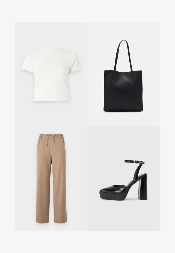 Kratka bela majica iz bombaža s kratkimi rokavi, okroglim ovratnikom in ravnim robom, ki ima gladko teksturo in minimalističen dizajn.; Bež hlače širokih nogavic iz teksturirane tkanine, z elastičnim pasom in detajlom z navezovanjem, z diskretnimi vertikalnimi črtami.; Črne platforme z visokimi petami in koničastim nosom ter nastavljivim gležnjenjskim trakom. Narejene iz gladke usnje, s kockasto peto.; Črna usnjena torba s svilnato teksturo, pravokotne oblike in dvema dolgima ročajema. Brez vidnih metalnih delov ali okrasnih elementov.