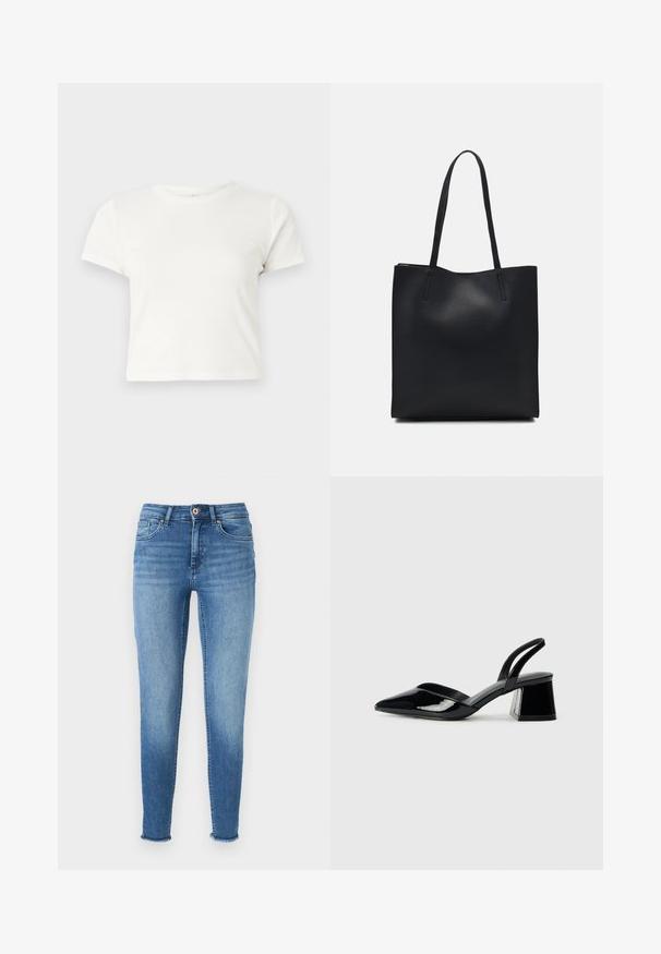 Trumpa balta medvilnės marškinėliai su trumpomis rankovėmis, apvaliu kaklu ir tiesiu hemu, pasižyminti lygiu tekstūriu ir minimaliu dizainu.; Šviesiai mėlynos liesos džinsinės kelnės su išblukusiu plovimu, pagamintos iš džinsinio audinio. Turi keturias kišenes, diržo kilpas ir išplėštus kraštus ties kulkšnimis.; Juodos lakuotos odinės šlepetės su smailiu pirštu ir geometriniu bloko kulnu. Turi elegantišką, minimalistinį dizainą ir lygų paviršių.; Juodas odinis tote krepšys su lygia tekstūra, stačiakampio formos ir dviem ilgais rankenomis. Matomų metalinių detalių ar puošybos nėra.