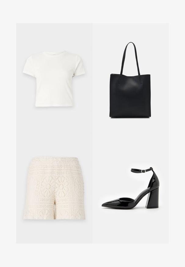 Trumpa balta medvilnės marškinėliai su trumpomis rankovėmis, apvaliu kaklu ir tiesiu hemu, pasižyminti lygiu tekstūriu ir minimaliu dizainu.; Kreminės spalvos nėrinių šortai su sudėtingais gėlių raštais ir elastinga juosmeniu, demonstruojantys tekstūrinį, atvirą mezgimo dizainą.; Juodas lakinės odos aukštakulnis batelis su smailiu pirštu, kulkšnies dirželiu ir plačiu bloku, užtikrinančiu stabilumą, su lygiu blizgiu paviršiumi.; Juodas odinis tote krepšys su lygia tekstūra, stačiakampio formos ir dviem ilgais rankenomis. Matomų metalinių detalių ar puošybos nėra.