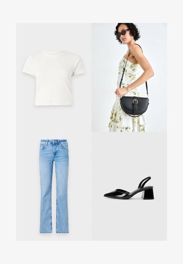 Tricou scurt, alb, din bumbac, cu mâneci scurte, decolteu rotund și margine dreaptă, având o textură netedă și un design minim.; Blugi evazați din denim albastru deschis, cu cinci buzunare, închidere cu nasture și bucle pentru curea, având zone decolorate și o textură netedă.; Pantofi cu toc slingback din piele lacuită neagră, cu vârf ascuțit și toc geometric. Prezintă un design elegant, minimalist și o textură netedă.; Geantă din piele neagră, cu o formă curbată, curea detașabilă și accesorii aurii. Geanta are un capac cu un detaliu tip cataramă.