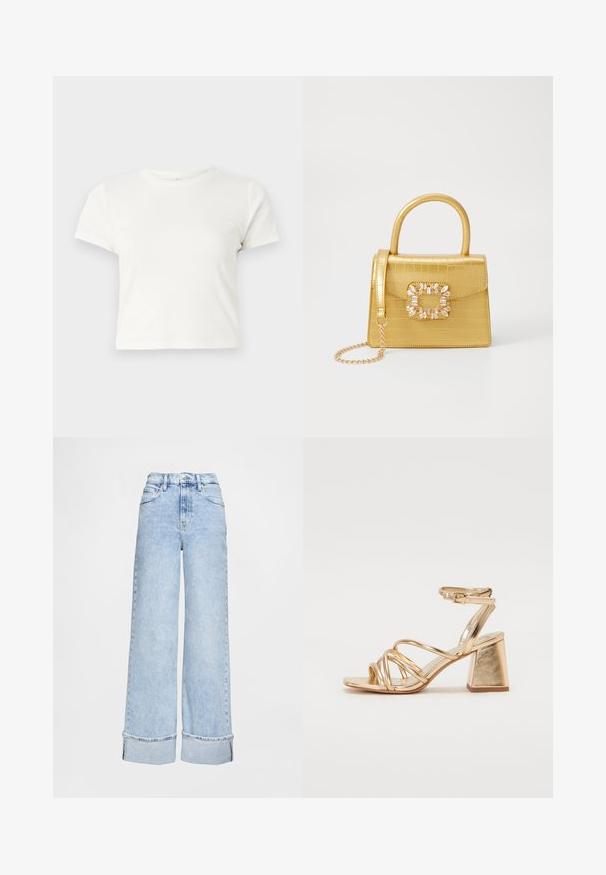 T-shirt branca curta feita de algodão, com mangas curtas, um decote redondo e uma bainha reta, apresentando uma textura suave e um design minimalista.; Calças de ganga azul-claro de cintura alta e pernas largas, feitas de denim, com bainha enrolada, cinco bolsos e detalhes em costura.; Sandálias de salto alto metálico dourado com design em tiras, salto quadrado e tira no tornozelo ajustável com fivela. Textura suave.; Bolsa amarela em pele de crocodilo falsa, com um design estruturado, pega no topo, alça de corrente removível e decoração de cristal no fecho.