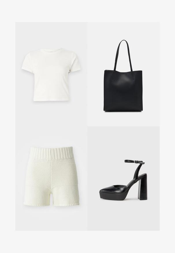 Short white t-shirt made of cotton with short sleeves, a round neckline, and a straight hem, featuring a smooth texture and minimal design.; Knit shorts in off-white with a ribbed waistband, featuring a texture contrast between the top and bottom sections, hemmed edges.; Black platform heels with a pointed toe and adjustable ankle strap. Constructed from smooth leather, featuring a chunky block heel.; Black leather tote bag with smooth texture, rectangular shape, and two long handles. No visible hardware or embellishments.