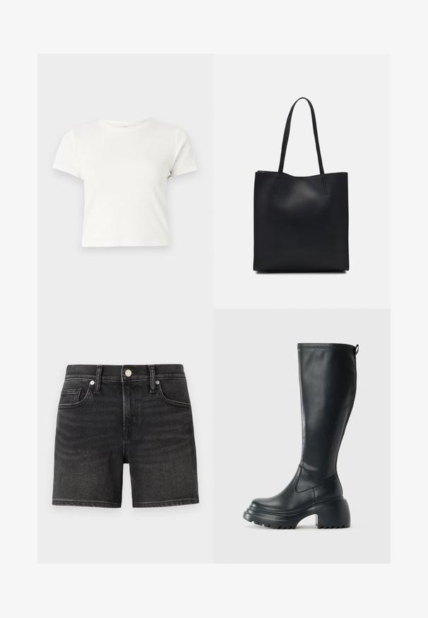 T-shirt branca curta feita de algodão, com mangas curtas, um decote redondo e uma bainha reta, apresentando uma textura suave e um design minimalista.; Shorts em denim preto com um design clássico de cinco bolsos, apresentando um fecho frontal com botão e um leve desbotamento para textura.; Bota preta de couro alta com sola de plataforma robusta e salto bloco, apresentando puxador e padrão texturizado na sola.; Bolsa tote preta em couro com textura lisa, forma retangular e duas alças longas. Sem hardware ou enfeites visíveis.